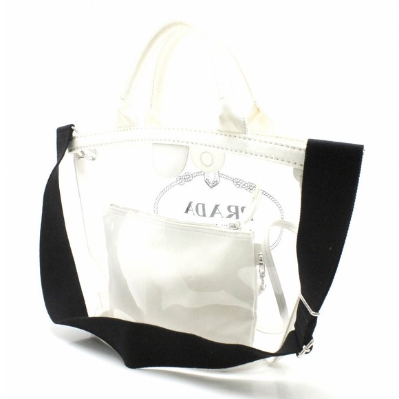 Prada Tote White Canvas Clear Plex Bag Black 2WAY - Picture 1 of 9
